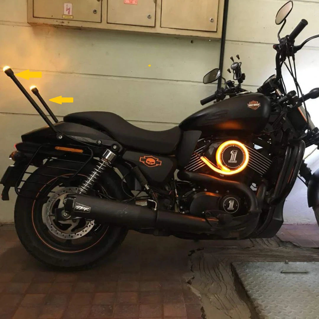 Super Meteor 650 flagpole with LED lights mounted on motorcycle