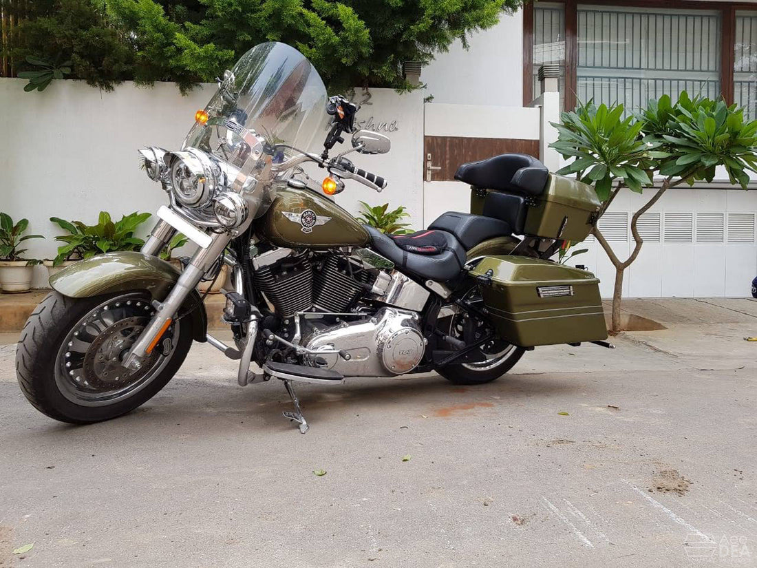 Harley Fat Boy Pre-2018 Side Panniers installed on motorcycle