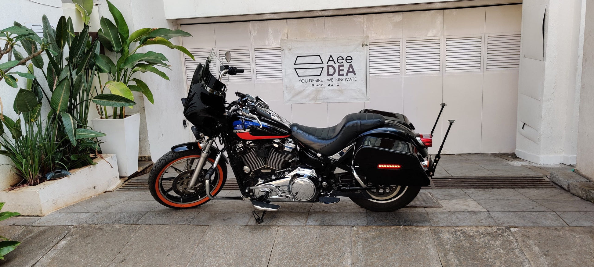 Harley touring panniers with durable FRP construction and premium finish