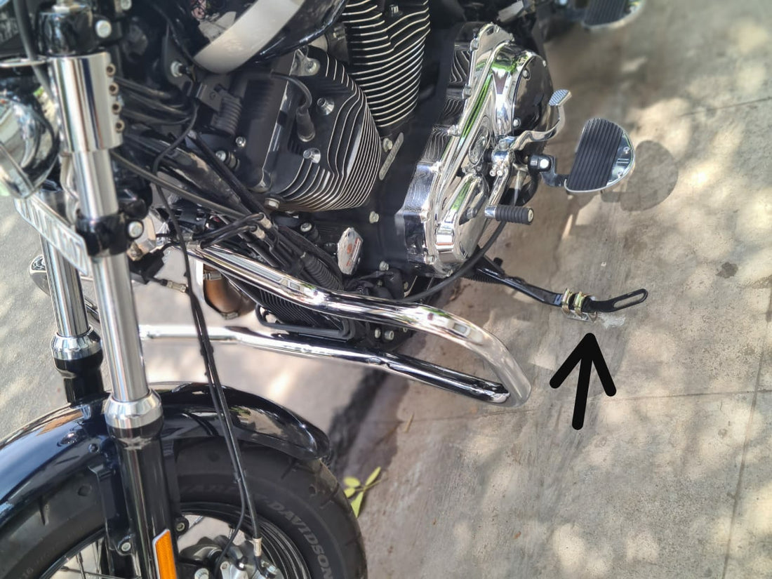 AeeDEA motorcycle side stand boot installed on cruiser motorcycle