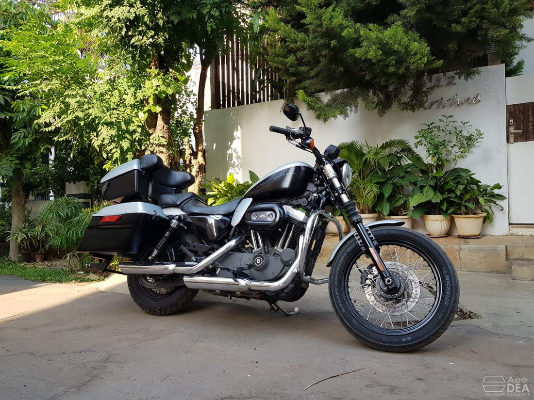 AeeDEA Sportster 48 side panniers with carriage installed on Harley Davidson Sportster 48